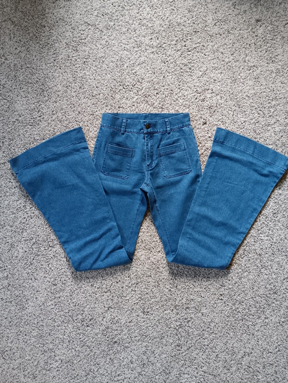 Newbury Kustom Small Flare Leg Jeans Patch Pockets Medium Wash 70s Retro